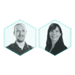 Two people are shown in black and white portrait photos inside hexagon frames with teal borders, placed side by side on a light background—highlighting experts in GraphQL & gRPC API Security.