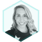 Black and white portrait of a smiling woman with wavy, light hair, wearing a dark top with a star pattern, framed within a hexagon with a light blue border—symbolizing the clarity brought by Shift-Left Security in CI/CD.