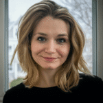 A woman with shoulder-length blonde hair and blue eyes smiles softly at the camera, wearing a black top. Indoors, with a window and blurred outdoor scenery in the background, she reflects confidence in Shift-Left Security in CI/CD practices.