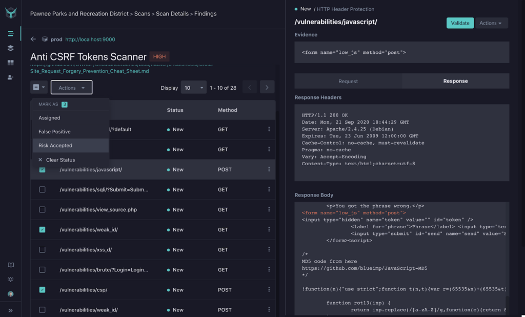 A dark-themed web app interface inspired by Understanding StackHawk: Modern Dynamic Security Testing shows an anti-CSRF tokens scanner, with scan results on the left and detailed vulnerability data on the right.