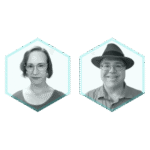 Two people in hexagon frames: one with short hair and glasses, wearing a necklace; the other smiling, in glasses, a hat, and collared shirt. Both grayscale images highlight professionals focused on Shift-Left Security in CI/CD.