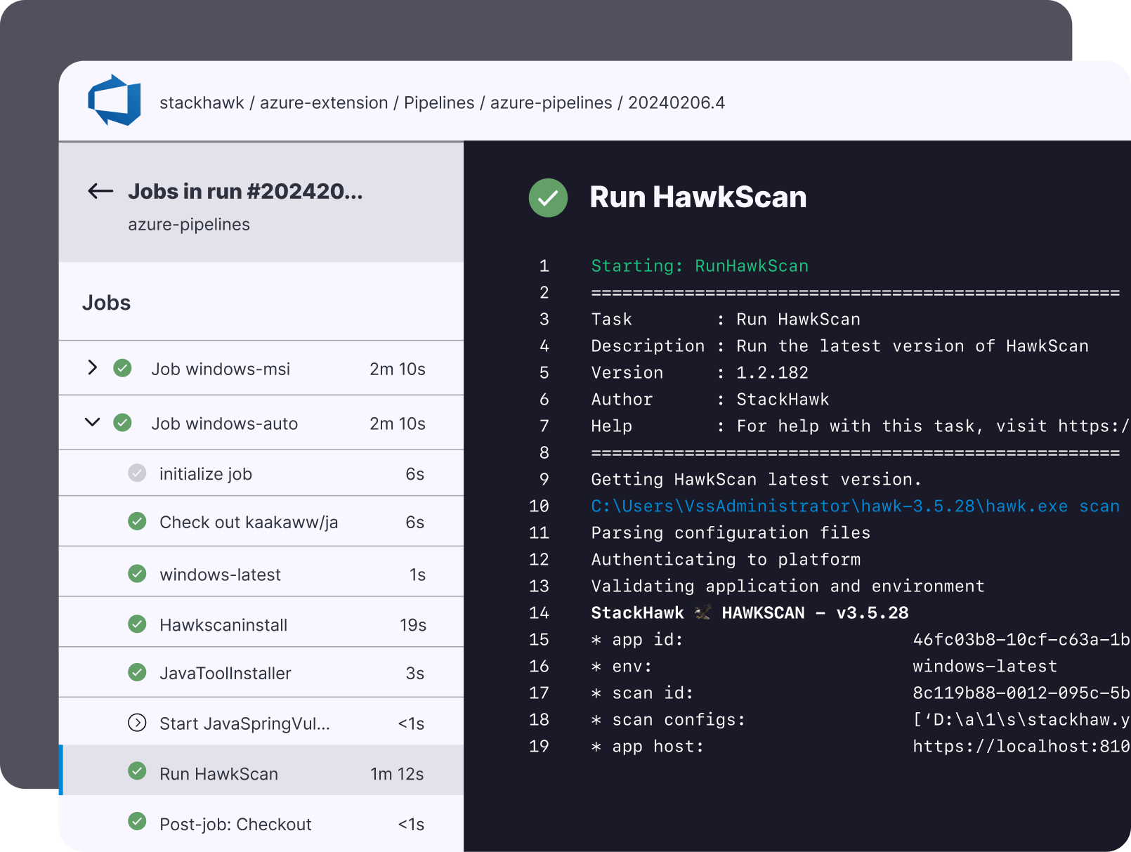 Hawkscan running in Azure Pipelines screenshot