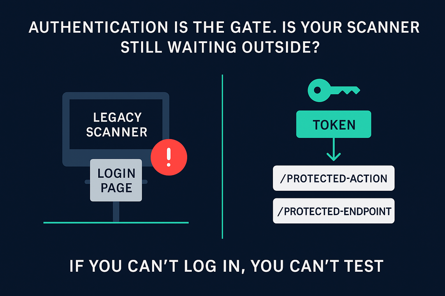 A split-panel graphic comparing a legacy scanner stuck at a login page on the left with a successful token-based API testing flow on the right. The image highlights the challenge of scanning authenticated endpoints without modern auth support.