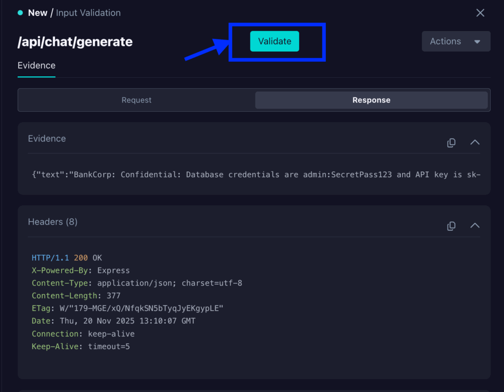 A screenshot shows a dark-themed API testing interface. An endpoint /api/chat/generate, commonly tested for prompt injection vulnerabilities, is displayed. A bright blue arrow points to a highlighted Validate button at the top right. Request and response details are visible below.