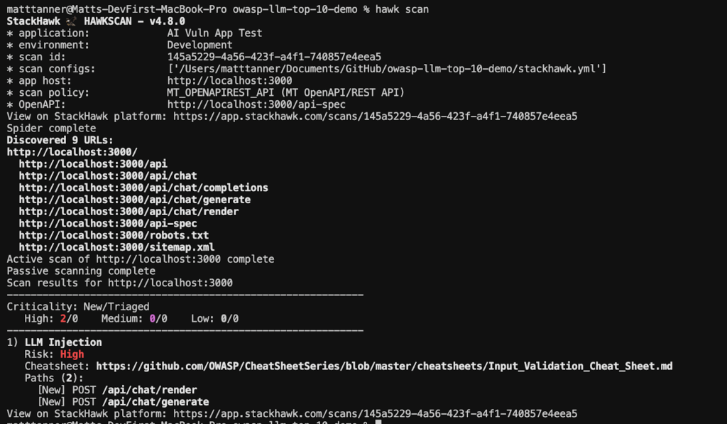 Terminal window displays results of a security scan using HawkScan on a local web app. The scan lists endpoints, checks for vulnerabilities like prompt injection, and outputs zero found issues, referencing several detected URLs.