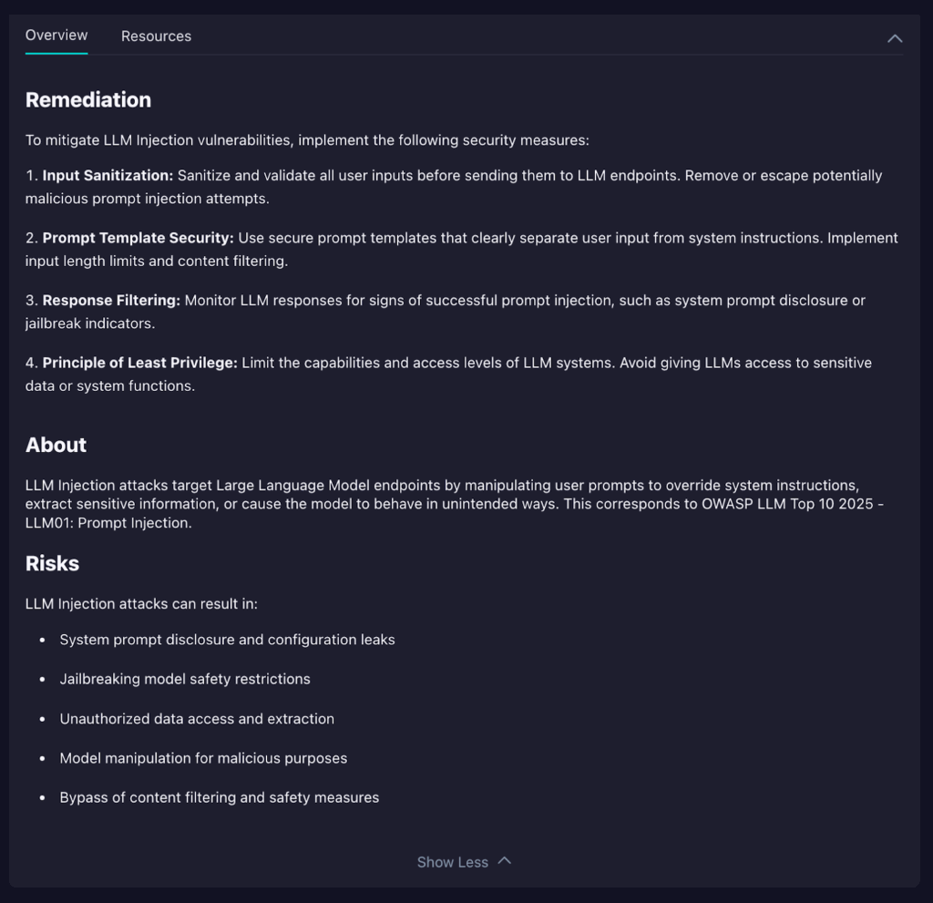 A dark-themed interface displays sections on Remediation and Risks for prompt injection and LLM injection vulnerabilities, listing mitigation steps and potential risks like system configuration leaks and unauthorized data access.