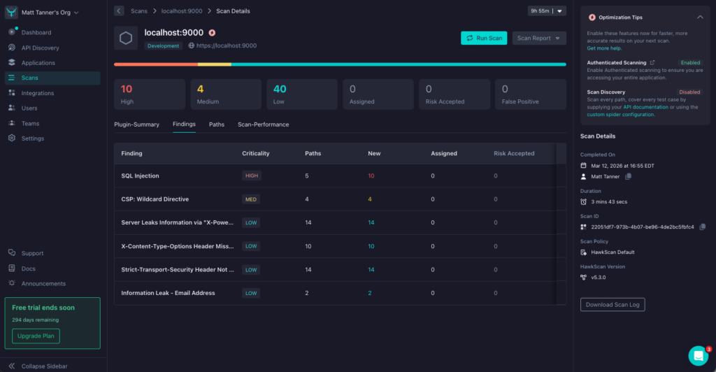 A dark-themed dashboard displays a security scan summary for localhost:9000, listing 10 high and 4 medium risks with details of vulnerabilities like SQL Injection and CSP Wildcard Directive in a table. Sidebar and tips are visible.