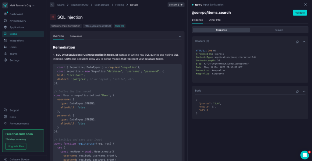 A dark-themed code analysis dashboard shows an SQL injection vulnerability with remediation code in Node.js on the left and an API response preview with sample JSON output on the right.
