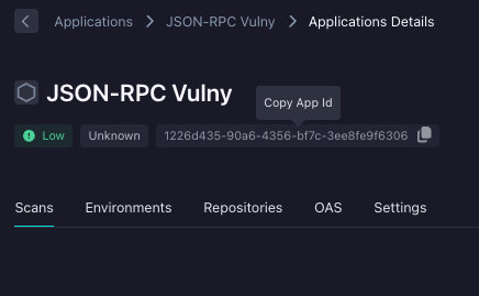 A software dashboard displays details for the application JSON-RPC Vulny, showing its status as Low risk, Unknown, and its app ID with options for Scans, Environments, Repositories, OAS, and Settings.