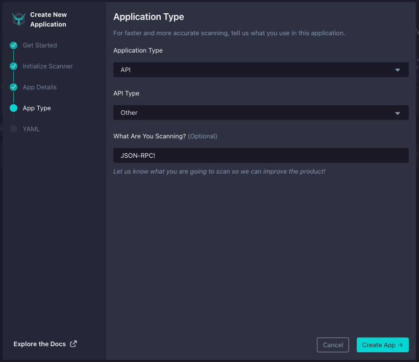 A software interface for creating a new application displays options for application type, API type, and a text field labeled What Are You Scanning? filled with JSON-RPC!. Buttons for Cancel and Create App are at the bottom.