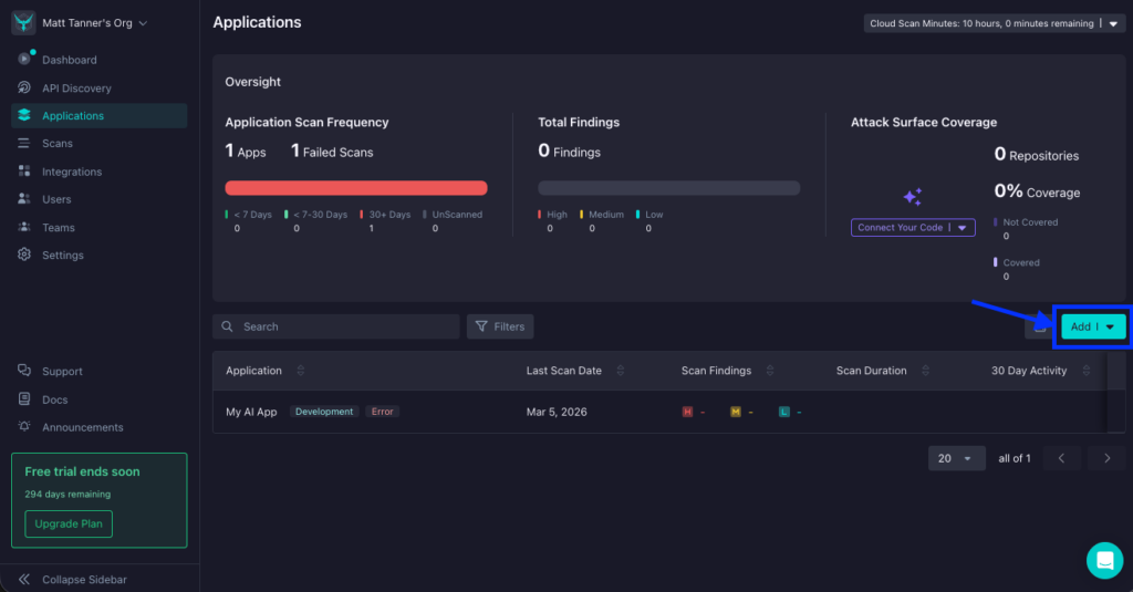 A dark-themed dashboard displays application security scan results. The Add button is highlighted with a blue box and arrow on the right. The left sidebar shows navigation options. The main panel lists one app with scan details.