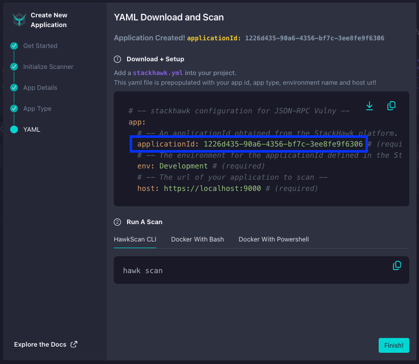 A screenshot of a web interface showing YAML download instructions. The applicationId field is highlighted, displaying 1226d435-90a6-4356-bf7c-3ee8ef9f6306. Below, a command hawk scan is shown for running a scan.