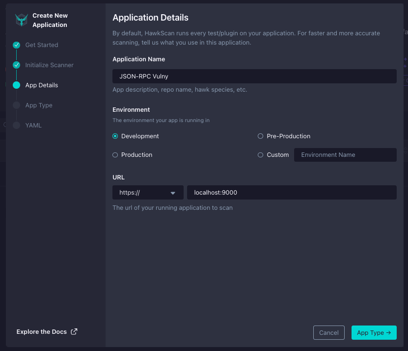 A software interface for creating a new application shows fields for application name, environment selection (Development, Production, Pre-Production, Custom), and URL, with navigation steps listed on the left.