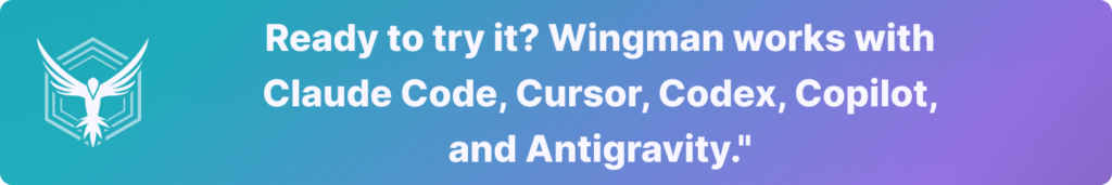 A banner with text: Ready to try it? Wingman works with Claude Code, Cursor, Codex, Copilot, Antigravity, and OWASP ZAP. Logo of a stylized bird on the left, gradient blue-purple background.