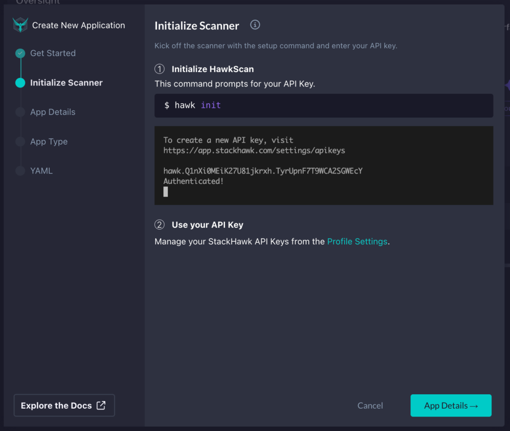 A software interface shows steps to initialize a scanner: entering hawk init in the terminal, then pasting an API key. Highlighted commands and instructions are displayed, with navigation links on the left and an App Details button below.