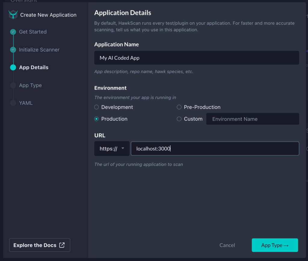 Screenshot of a web form titled Application Details for creating a new app. Fields include Application Name, Environment (with Production selected), and URL (set to https://localhost:3000). App Type and Explore the Docs buttons are visible.