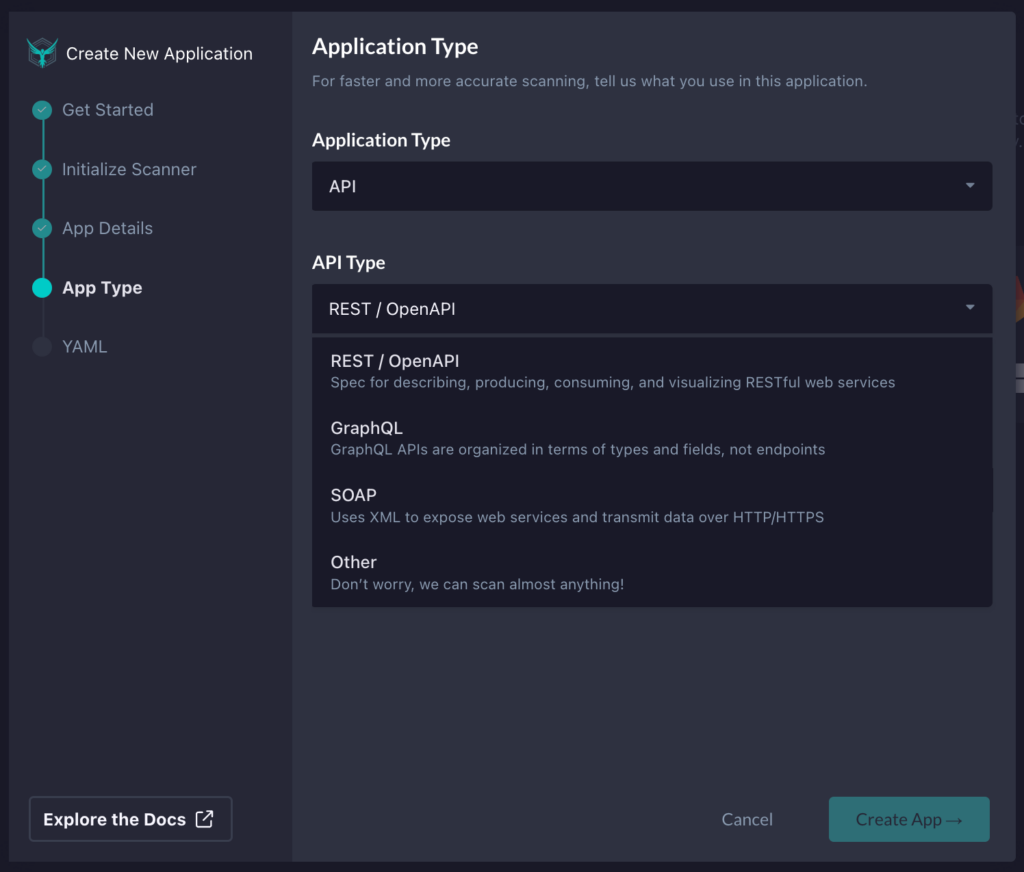 A software interface displays a form for selecting an API application type. The dropdown menu lists options: REST/OpenAPI, GraphQL, SOAP, and Other. Navigation steps are shown on the left side.