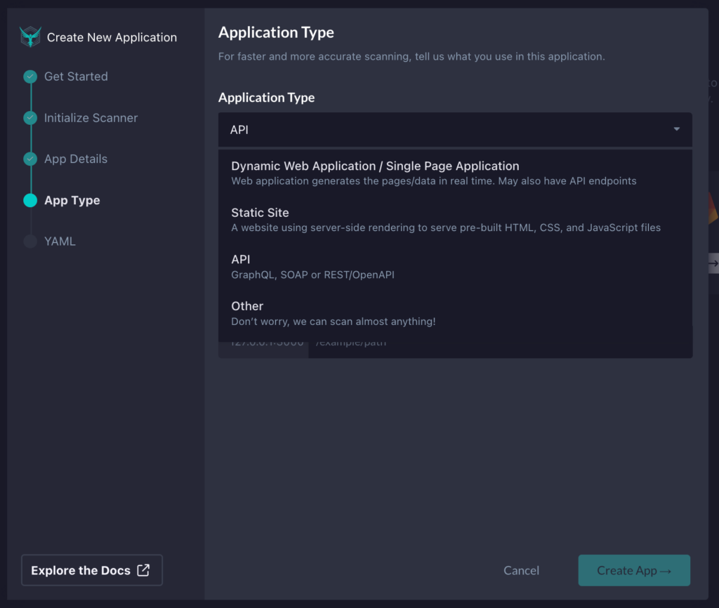 A dark-themed interface displays options for creating a new application. The App Type step is selected, and the API option is highlighted under Application Type, with its description visible in a dropdown menu.