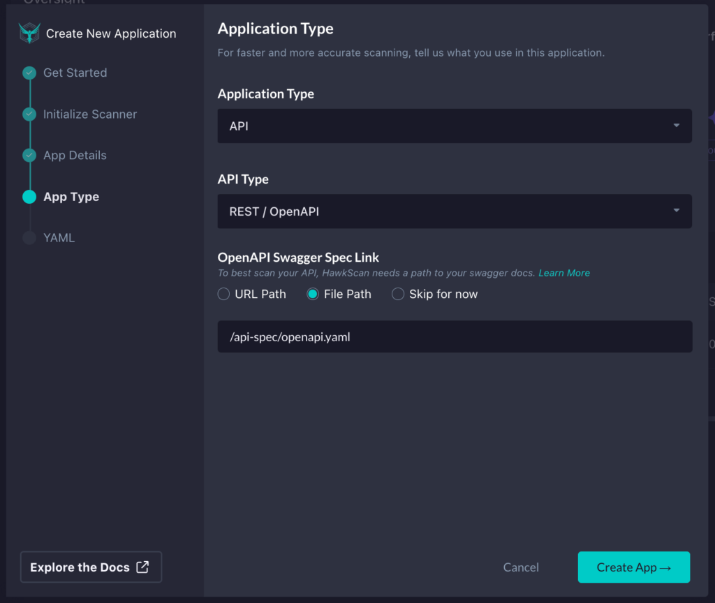 A software interface displays options for creating a new application, with fields to select application type, API type, and an input for the OpenAPI Swagger Spec Link. A Create App button is in the bottom right corner.