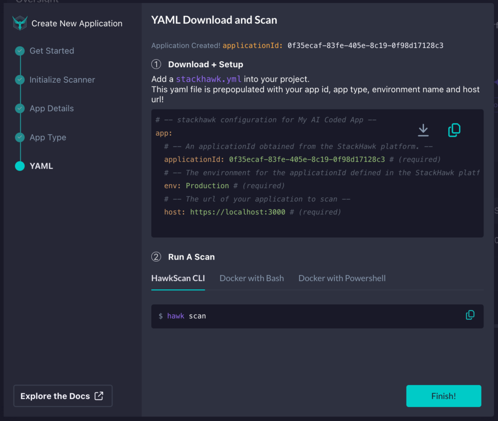 A dark-themed interface shows instructions for downloading and scanning a YAML file in the StackHawk app. It provides steps to add YAML details, run a scan via CLI, and displays sample configuration code. A “Finish!” button is visible.