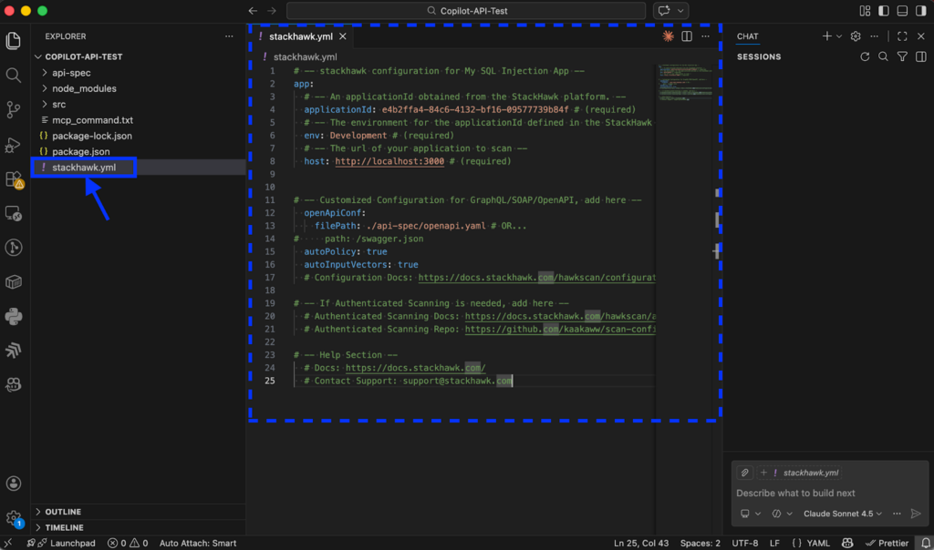 A code editor window shows a stackhawk.yml file open with configuration code. The side panel lists files like package.json and index.js. A blue dashed box highlights the main code area.