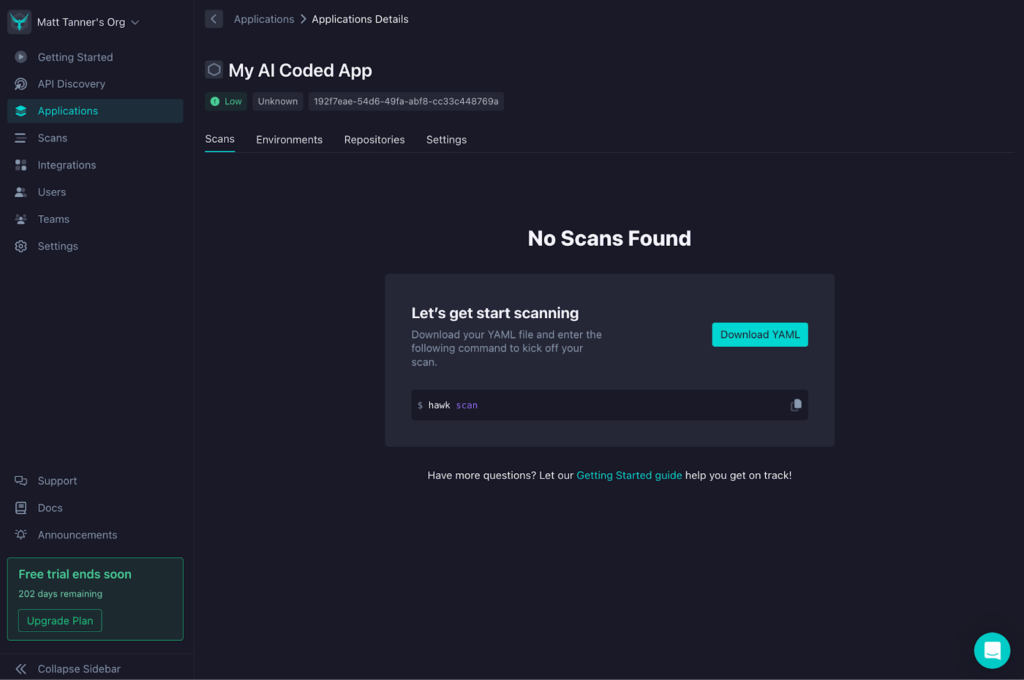 A dark-themed dashboard for an app called My AI Coded App shows no scans found. A section prompts users to download a YAML file to start scanning. Sidebar navigation appears on the left.