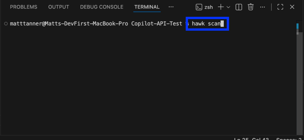 A terminal window displays the command hawk scan being typed after a username and device name, with hawk scan highlighted by a blue rectangle.