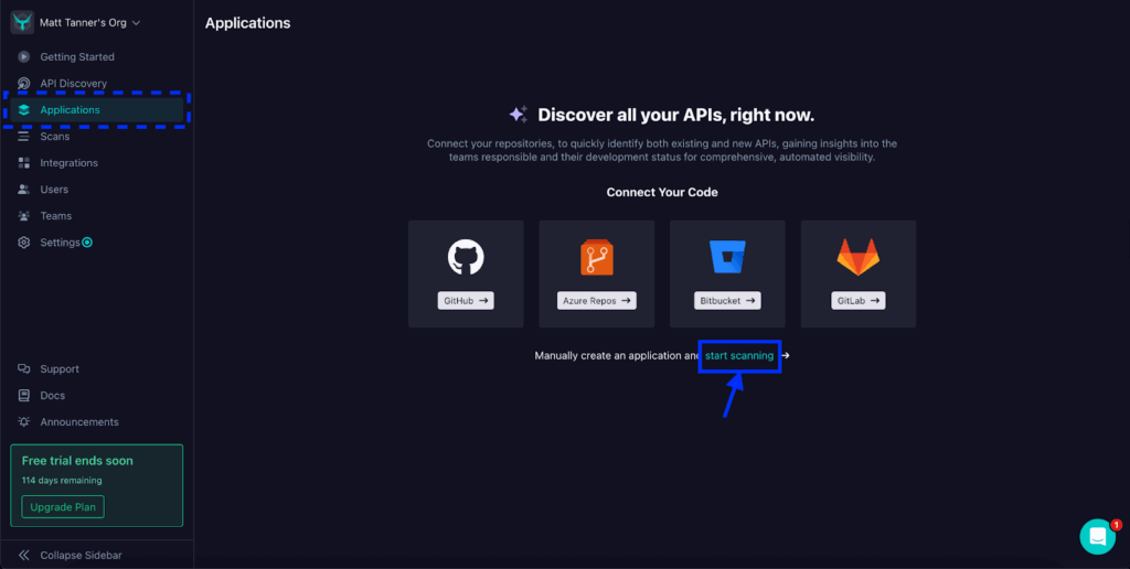 A dashboard screen displays the Applications section with repository options (GitHub, Azure Repos, Bitbucket, GitLab) and a highlighted start scanning button. A side menu and a Free trial ends soon banner are visible.