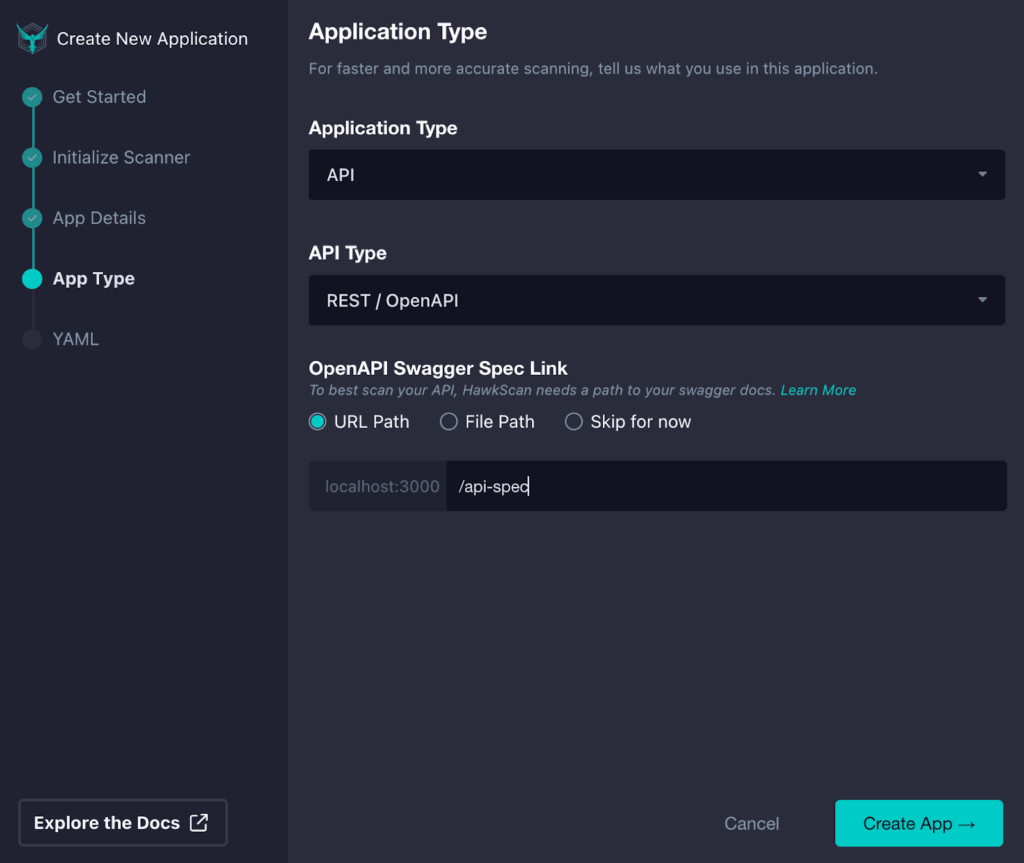 A software interface for creating a new application, displaying options to select Application Type, API Type, and input for an OpenAPI Swagger Spec Link, with a Create App button highlighted in teal.