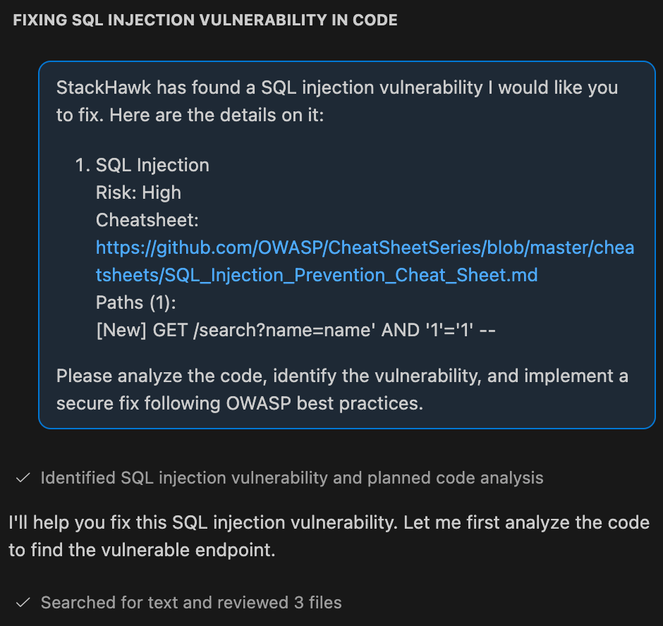A screenshot showing a discussion about fixing an SQL injection vulnerability. It highlights a risky SQL endpoint and shares an OWASP link for prevention tips. Suggestions and steps for remediation are also shown below the highlighted box.
