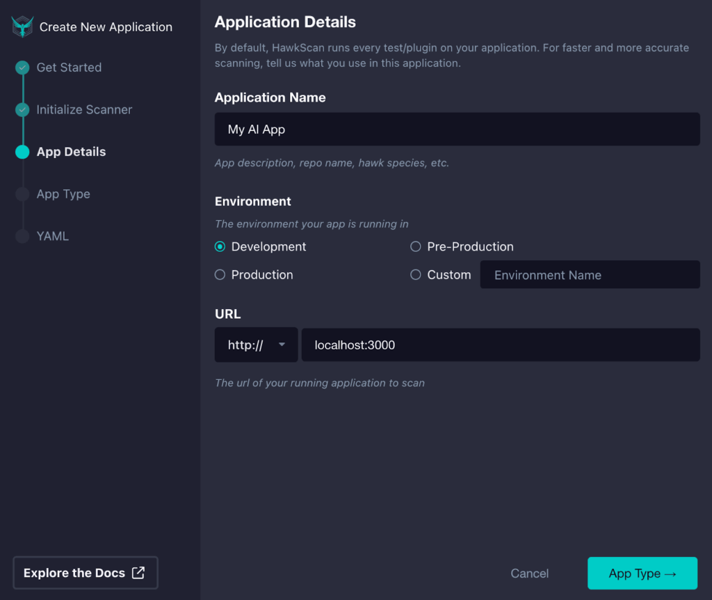 Screenshot of an “Application Details” setup form for a new app. Fields shown include Application Name, Environment options, and a URL input. A sidebar displays creation steps, with “App Details” highlighted.