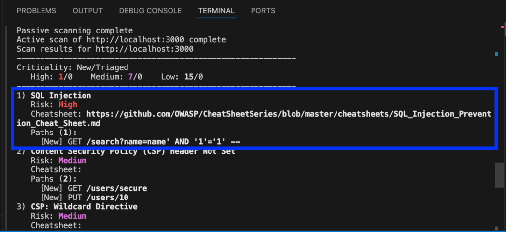A terminal window displays a security scan report. The highlighted section shows a high-risk SQL Injection vulnerability detected in the GET /search endpoint, with a link to a prevention cheatsheet.