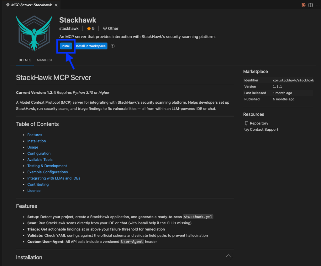 A dark-themed webpage for Stackhawk MCP Server on a software marketplace, with a blue arrow pointing to an Install button and the phrase An MCP server highlighted in a description box.