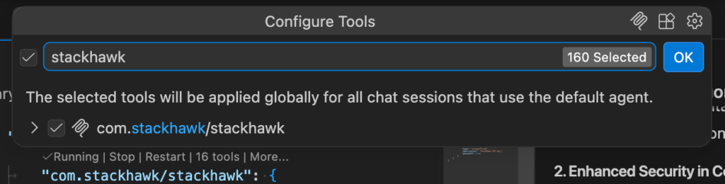 A screenshot of the Configure Tools window with stackhawk typed in the search bar, 160 Selected shown, and com.stackhawk/stackhawk highlighted below.