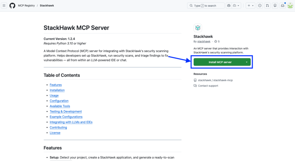 A documentation page for StackHawk MCP Server showing a green “Install MCP server” button highlighted with a blue box and arrow. The left sidebar lists the Table of Contents with links to features and setup topics.