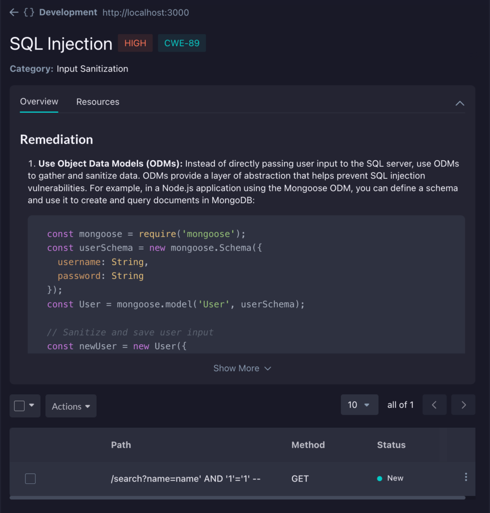 A web page shows documentation about SQL Injection, focusing on remediation. It displays code using Mongoose in Node.js to sanitize input, along with a table listing HTTP request activity.