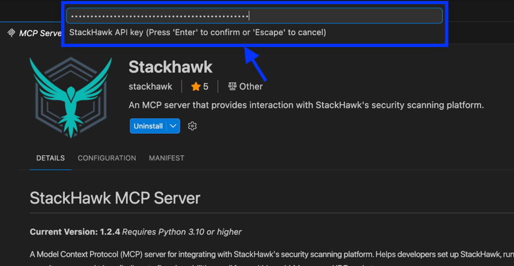 A StackHawk API key is being entered in a highlighted input field on the Stackhawk extension page within a software interface, with instructions to press Enter to confirm or Escape to cancel.