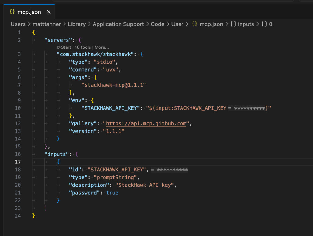 A code editor window displays a JSON configuration file for StackHawk API with sections for server settings and API key input. The stackhawk API key is hidden, and the code syntax is highlighted on a dark background.