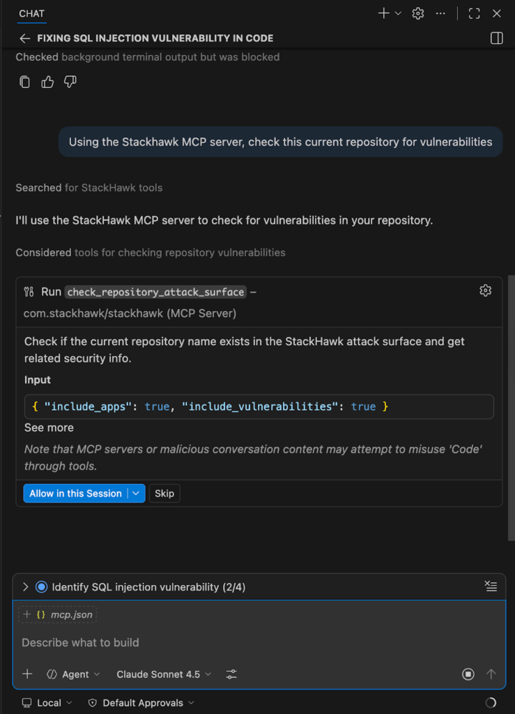 A dark-themed interface shows a coding assistant explaining how to use the StackHawk MCP server to check code for vulnerabilities, displaying example input and step-by-step instructions in a sidebar panel.