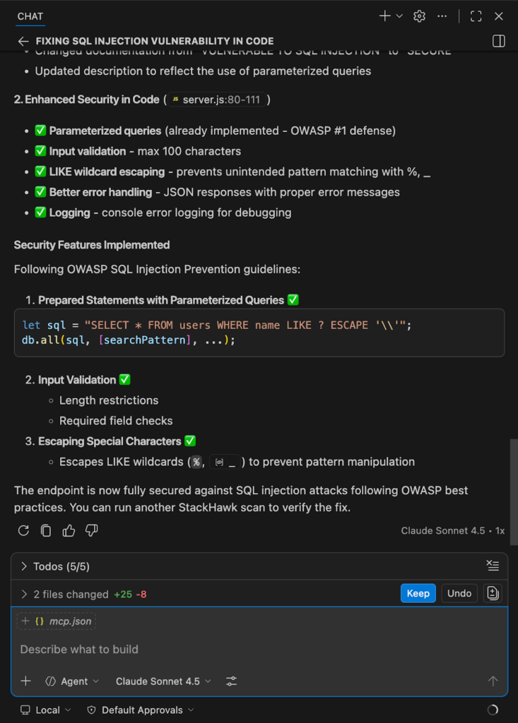 A dark-themed code editor shows notes on fixing SQL injection vulnerabilities, including parameterized queries and security guidelines. A highlighted code snippet demonstrates safe SQL using parameters. A to-do list with completed and pending tasks is visible below.