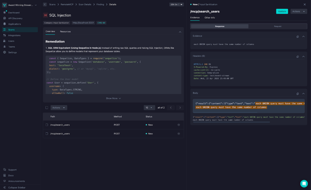 A dark-themed dashboard displays Remote MCP Security Testing results, detailing an SQL injection vulnerability with remediation code, API endpoints, and a response panel highlighting risky SQL query content on the right side.