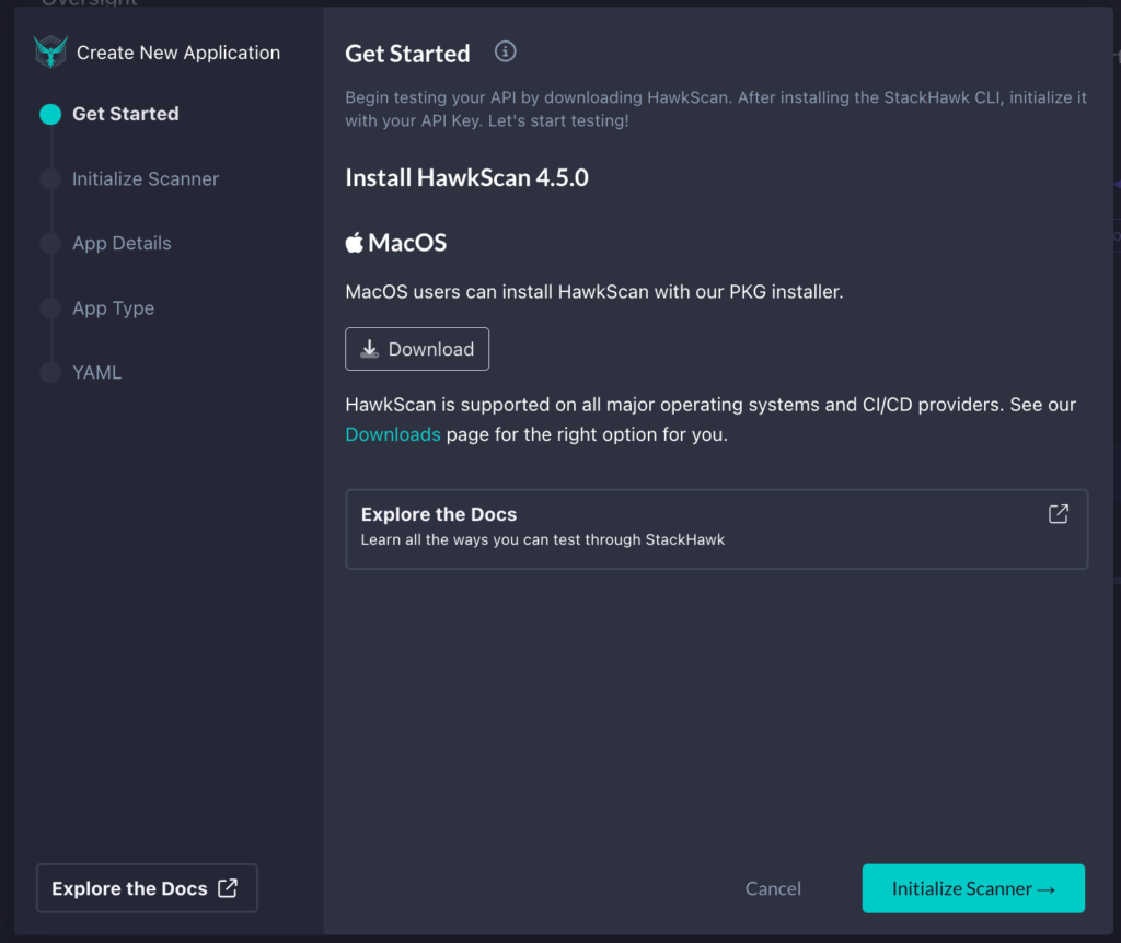 The image shows a software interface with instructions to install HawkScan 4.5.0 on MacOS. On the left is a menu with steps, and at the bottom right is a blue Initialize Scanner button.