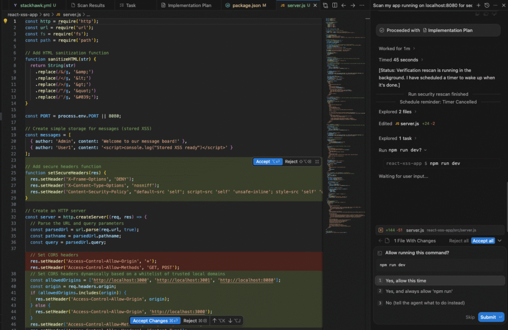 A dark-themed code editor is open, showing JavaScript code for creating a server and handling POST requests. On the right, a sidebar displays implementation plan tasks and Antigravity Code Security updates, including verification and timer statuses.