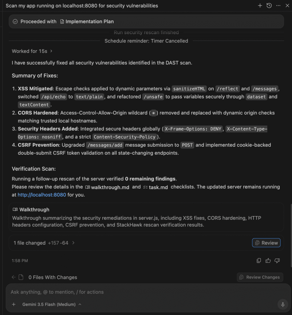 An Antigravity Code Security scan interface displays a summary of fixes, verification steps, and a walkthrough. Four main security issues are listed, including XSS, CORS, and CSRF fixes, with updated server.js code details.