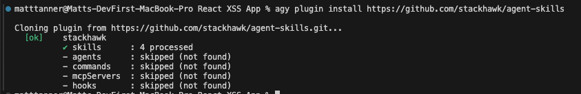 Terminal window displaying the cloning and installation of the agent-skills plugin from GitHub, with a Claude Code Security summary showing 4 skills processed and other categories (agents, commands, mcServers, hooks) skipped or not found.
