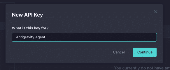 A dialog box titled New API Key asks What is this key for? with Claude Code Security Agent entered in the input field. There are Cancel and Continue buttons at the bottom.