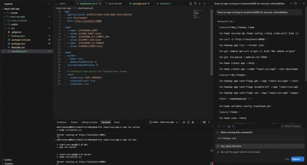 A Visual Studio Code window shows a YAML file open with server configuration code, highlighting Claude Code Security features. The left sidebar lists project files, while terminal and chat panels are visible at the bottom and right.