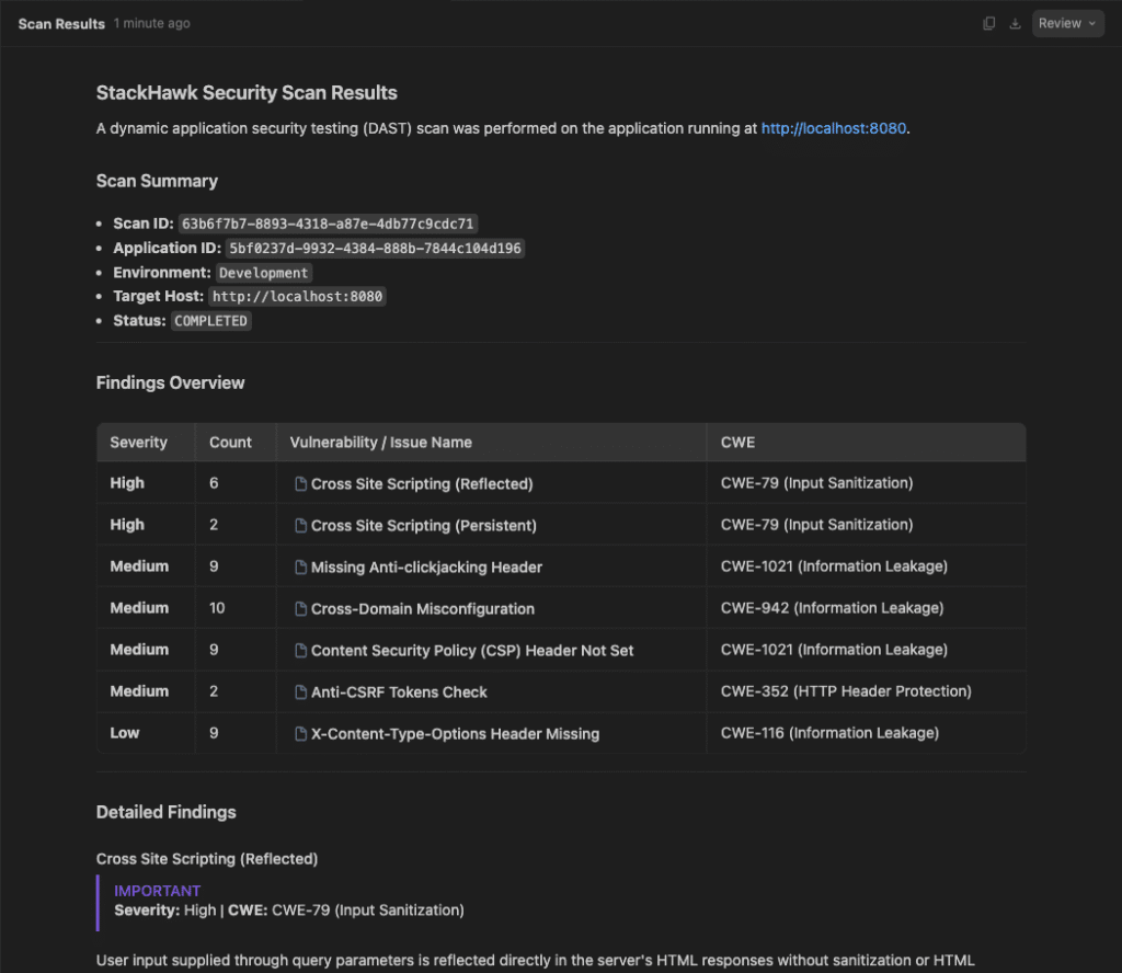 A screenshot of StackHawk Security Scan Results shows a summary and findings, enhanced by Claude Code Security. Issues are ranked by severity, with Cross-Site Scripting (Reflected) marked Very High and highlighted as important in the detailed findings.