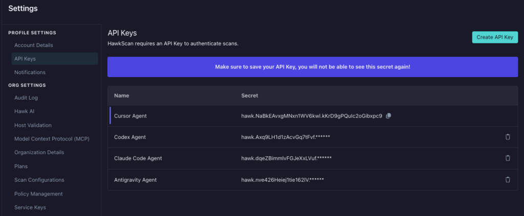 A dark-themed settings page displays API keys under API Keys, featuring Cursor Security enhancements. Four keys are listed with names and partially hidden secret codes. A purple banner warns to save the secret key. A Create API Key button is at the top right.