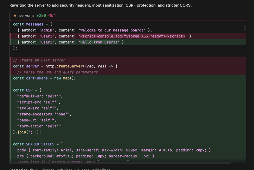 A screenshot of code in a dark-themed editor shows a diff view. Added lines display an attacker script (“<script>console.log(Stored XSS ready!)</script>”). Below, Node.js server setup code with security headers, styles, and Cursor Security is visible.